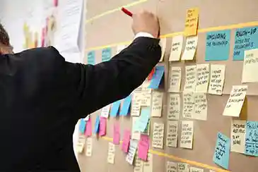 Person in a suit organizing colorful sticky notes on a project planning board