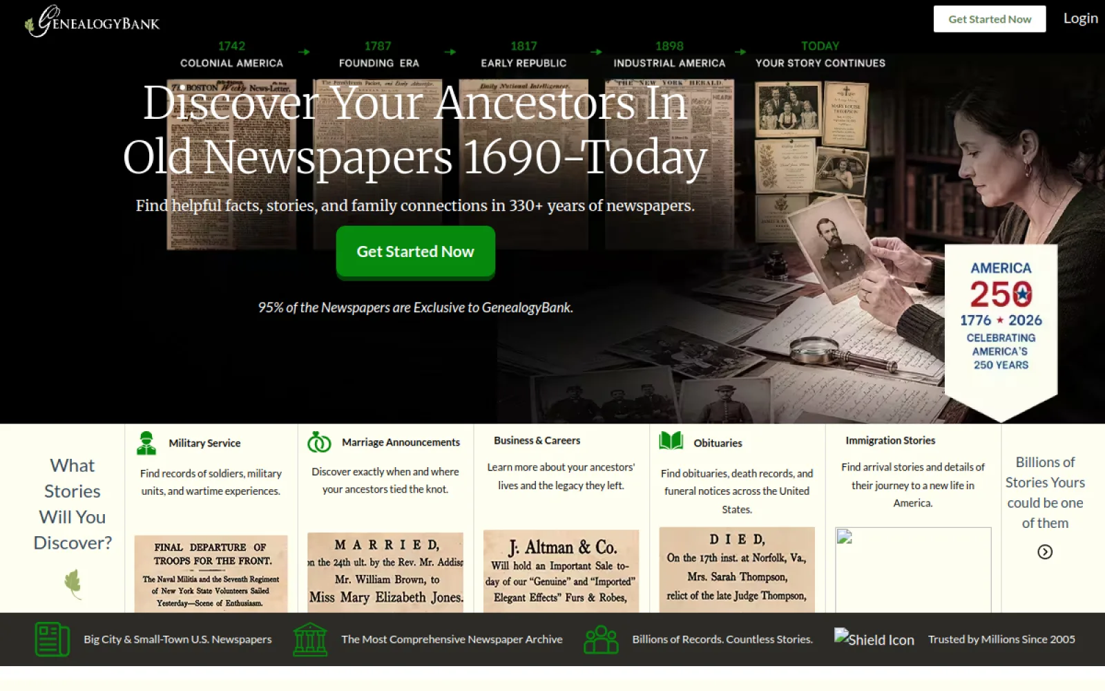 Screenshot of the GenealogyBank homepage promoting historic newspaper ancestor research