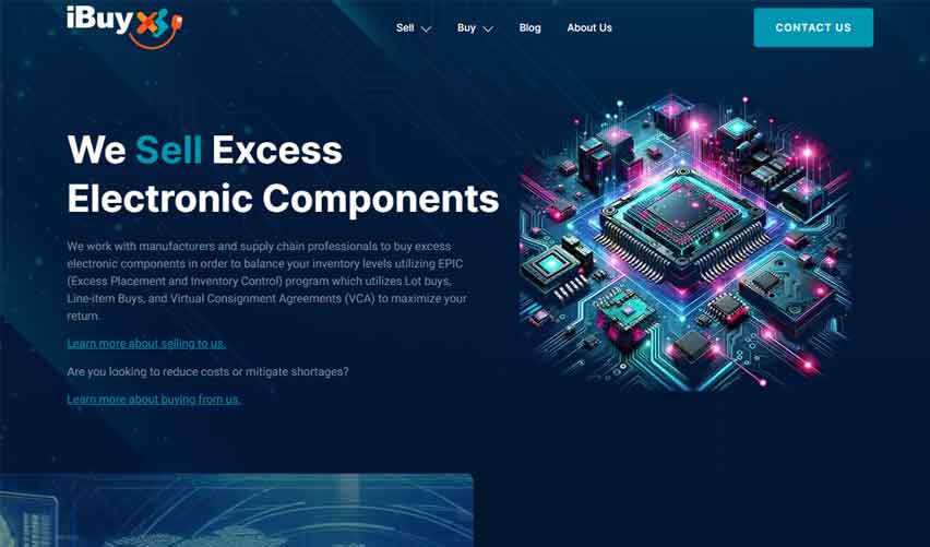 Screenshot of the iBuyXS website with a glowing microchip illustration and excess electronic components messaging