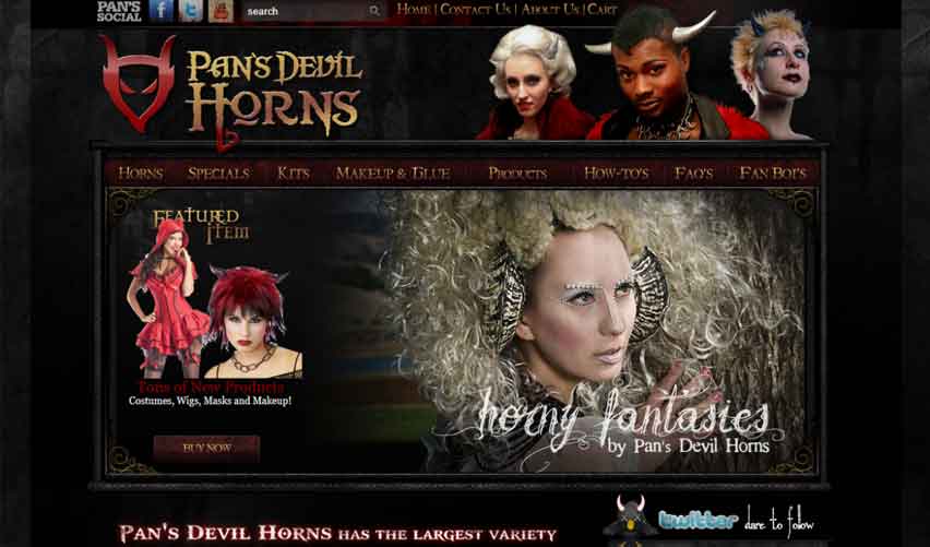 Screenshot of the Pan's Devil Horns website featuring theatrical horn prosthetics and gothic styling